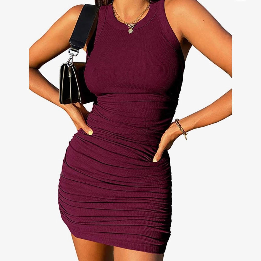 Fitted sleeveless dress, more of a maroon color, can adjust length